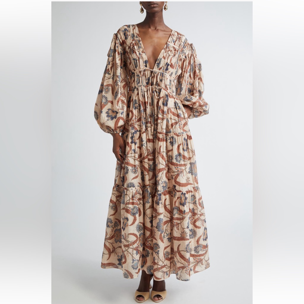 Nwt Zimmermann Ascension Tie Billow Long Sleeve Tiered Maxi Dress Us Sz 8